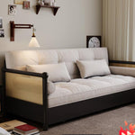 実木 ソファベッド 折りたたみ一体型 2WAY 伸縮式 リビング・書斎対応 引き出し式 ラタン編み デザイン smj-1229-9