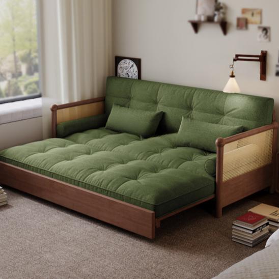 実木 ソファベッド 折りたたみ一体型 2WAY 伸縮式 リビング・書斎対応 引き出し式 ラタン編み デザイン smj-1229-9