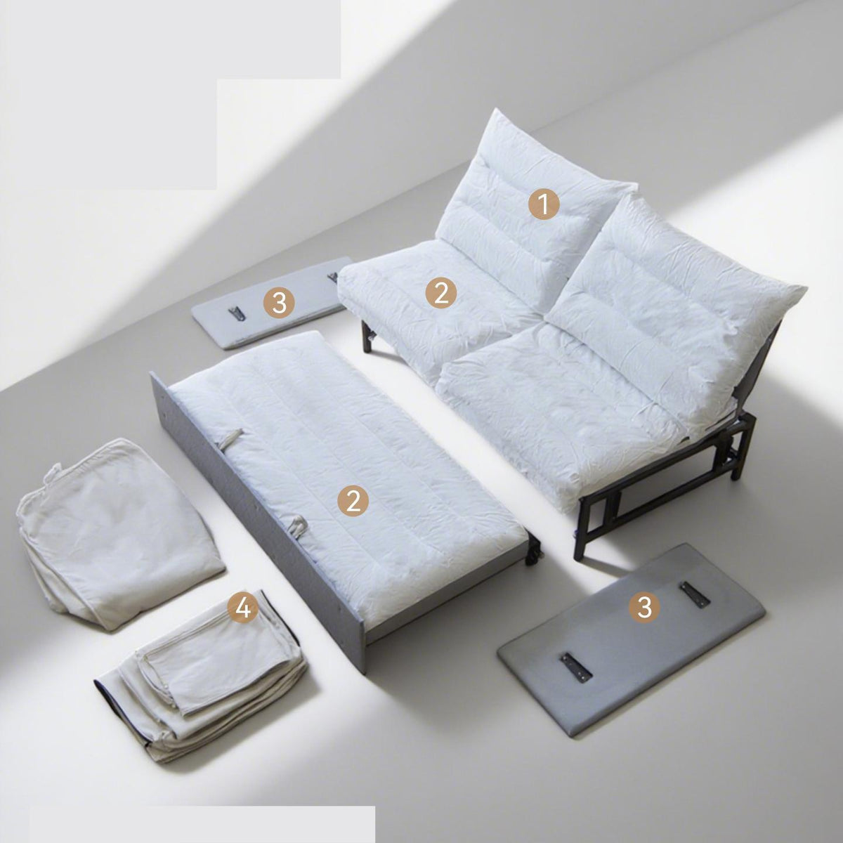 クリーム風ソファベッド リビング用 折りたたみ式 引き出し収納付き 一体型二役デザイン hemw-1336