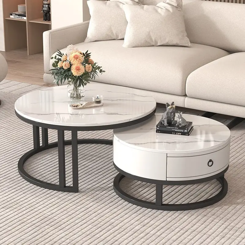 セラミック天板ローテーブル リビング用 ラグジュアリーでシンプルな小型住宅向け クリームスタイル 伸縮可能な円形組み合わせタイプ frg-495