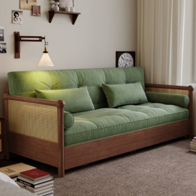 実木 ソファベッド 折りたたみ一体型 2WAY 伸縮式 リビング・書斎対応 引き出し式 ラタン編み デザイン G4-7129