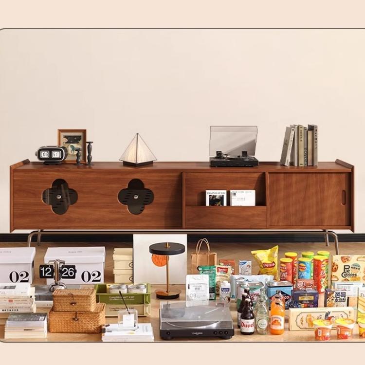 無垢材フレンチリビングテレビキャビネット収納付き梅花透かし金属脚 hlwy-3685