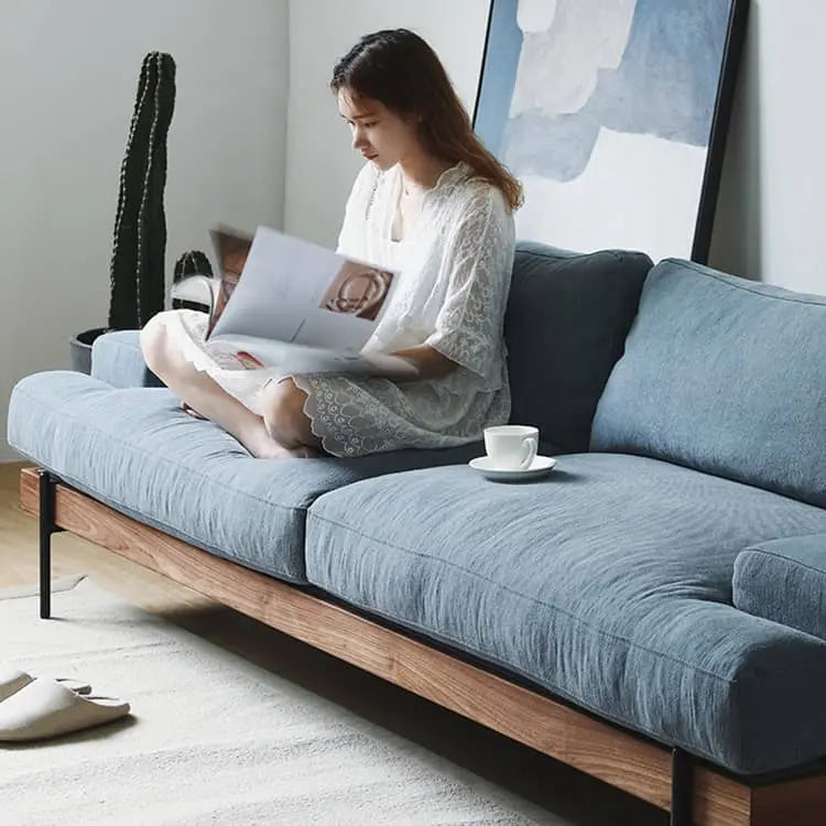 無垢材使用 西海岸風ソファー 2人掛け 3人掛け ブルー グレー 綿麻ファブリック 肘付き 背もたれ高め オットマン追加可 レトロ 高級感 I字型デザイン xbjj-lmsf-sofa