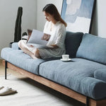 無垢材使用 西海岸風ソファー 2人掛け 3人掛け ブルー グレー 綿麻ファブリック 肘付き 背もたれ高め オットマン追加可 レトロ 高級感 I字型デザイン xbjj-lmsf-sofa