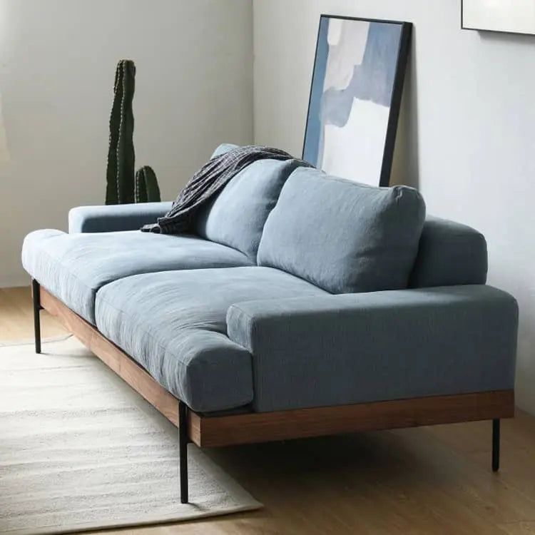 無垢材使用 西海岸風ソファー 2人掛け 3人掛け ブルー グレー 綿麻ファブリック 肘付き 背もたれ高め オットマン追加可 レトロ 高級感 I字型デザイン xbjj-lmsf-sofa