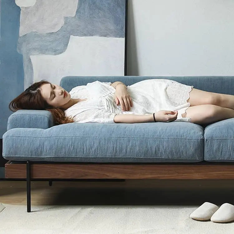 無垢材使用 西海岸風ソファー 2人掛け 3人掛け ブルー グレー 綿麻ファブリック 肘付き 背もたれ高め オットマン追加可 レトロ 高級感 I字型デザイン xbjj-lmsf-sofa