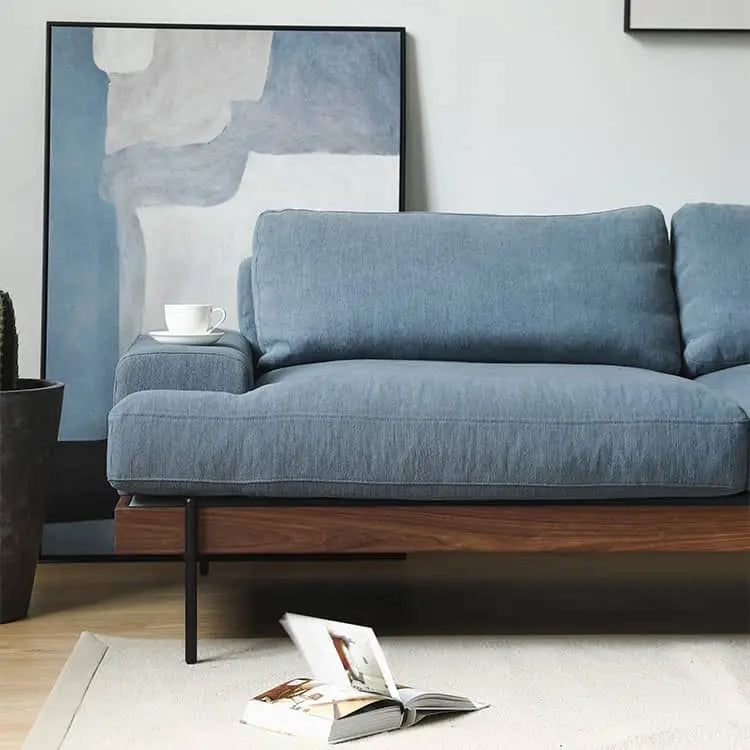 無垢材使用 西海岸風ソファー 2人掛け 3人掛け ブルー グレー 綿麻ファブリック 肘付き 背もたれ高め オットマン追加可 レトロ 高級感 I字型デザイン xbjj-lmsf-sofa