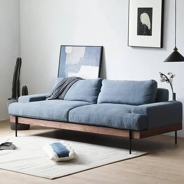 無垢材使用 西海岸風ソファー 2人掛け 3人掛け ブルー グレー 綿麻ファブリック 肘付き 背もたれ高め オットマン追加可 レトロ 高級感 I字型デザイン xbjj-lmsf-sofa