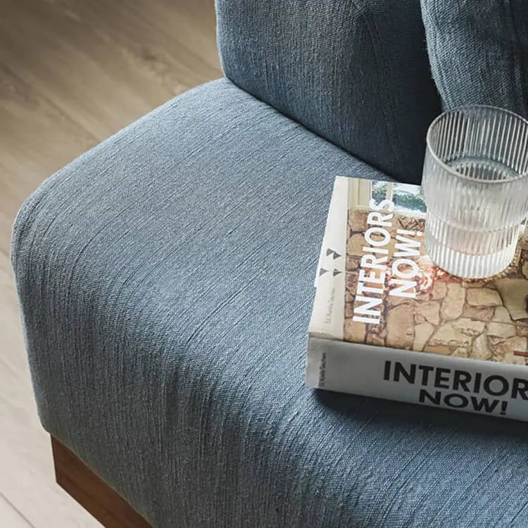 無垢材使用 西海岸風ソファー 2人掛け 3人掛け ブルー グレー 綿麻ファブリック 肘付き 背もたれ高め オットマン追加可 レトロ 高級感 I字型デザイン xbjj-lmsf-sofa