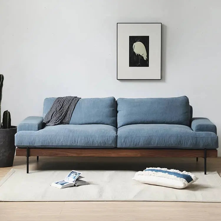 無垢材使用 西海岸風ソファー 2人掛け 3人掛け ブルー グレー 綿麻ファブリック 肘付き 背もたれ高め オットマン追加可 レトロ 高級感 I字型デザイン xbjj-lmsf-sofa