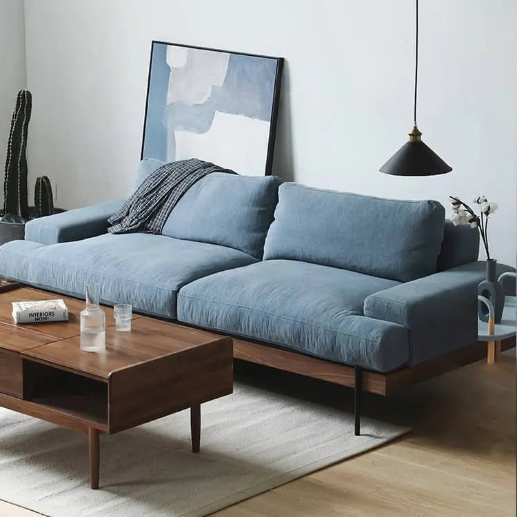 無垢材使用 西海岸風ソファー 2人掛け 3人掛け ブルー グレー 綿麻ファブリック 肘付き 背もたれ高め オットマン追加可 レトロ 高級感 I字型デザイン xbjj-lmsf-sofa