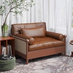 レトロ風 実木ソファベッド 伸縮式 オイルレザー調 収納付き 幅114~194cm 1人掛け~2人掛け コンパクト ソファベッド g4-7277