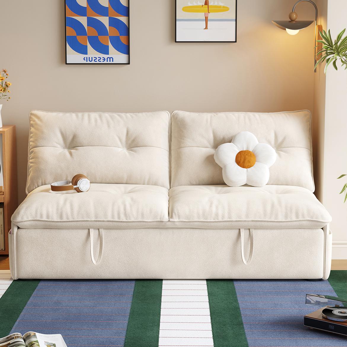 クリーム風ソファベッド リビング用 折りたたみ式 引き出し収納付き 一体型二役デザイン hemw-1336