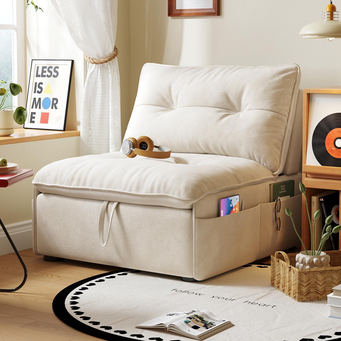 クリーム風ソファベッド リビング用 折りたたみ式 引き出し収納付き 一体型二役デザイン hemw-1336