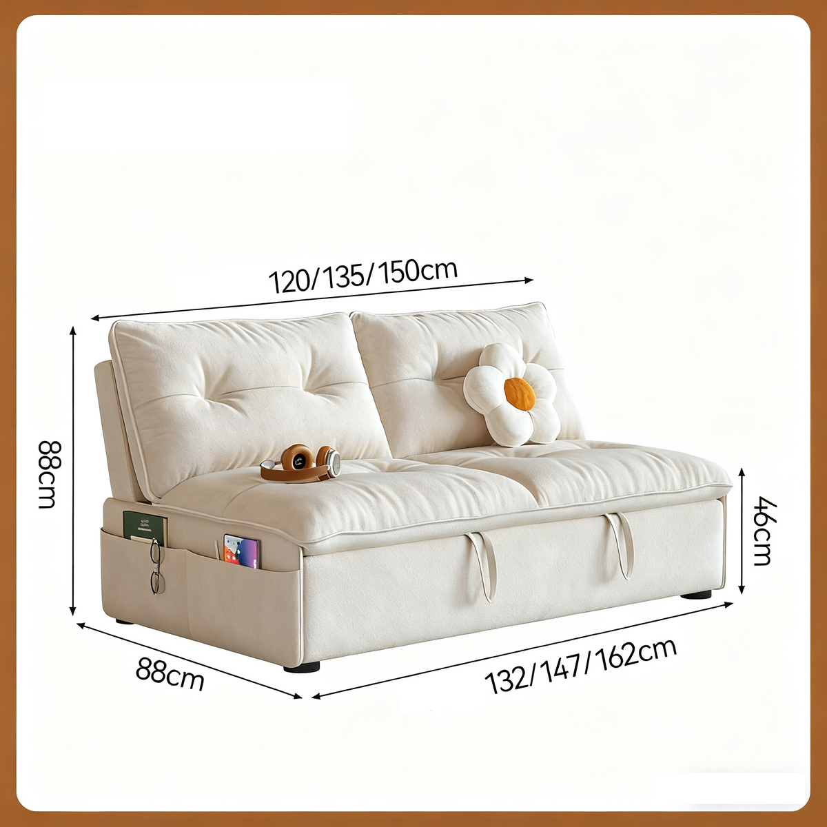 クリーム風ソファベッド リビング用 折りたたみ式 引き出し収納付き 一体型二役デザイン hemw-1336