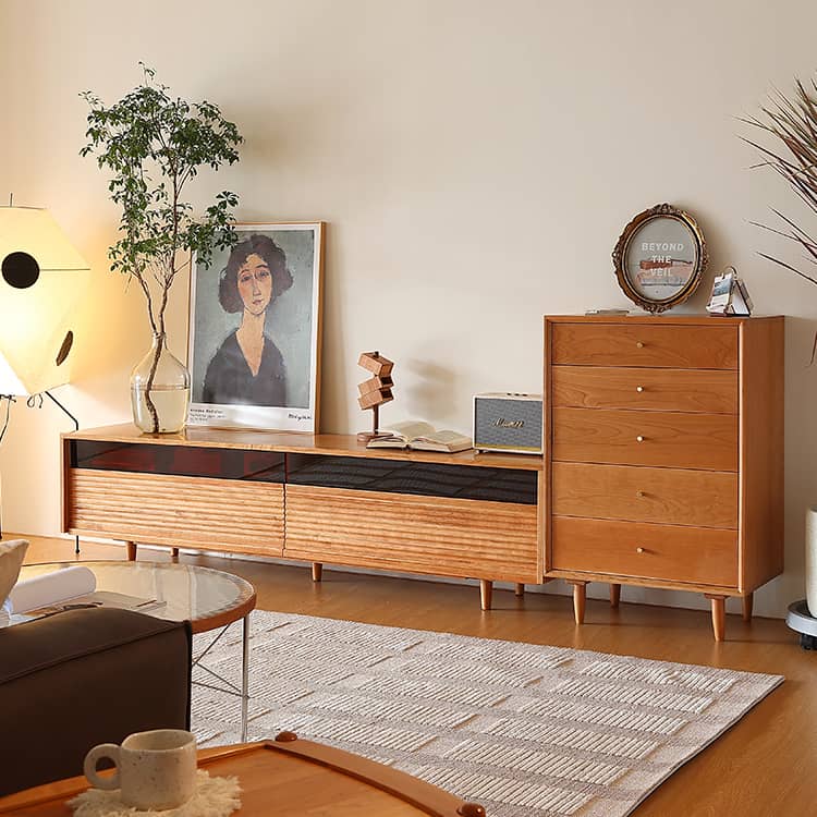 チェリー材&ケヤキ多層板ガラステレビ台 - 高級感溢れるデザイン Hersa-1630