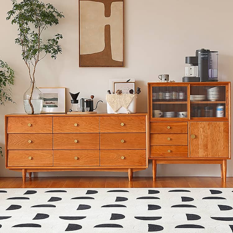 チェリー材?ケヤキ 高級キャビネット | 多層板とガラス?銅デザインの収納家具 Hersa-1635