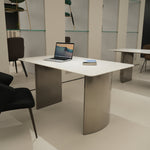 デザイナーズ 大理石ダイニングテーブル ピュアホワイト×シルバー 天然石天板 高級ミニマルモダン jrjj-6385