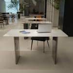 デザイナーズ 大理石ダイニングテーブル ピュアホワイト×シルバー 天然石天板 高級ミニマルモダン jrjj-6385