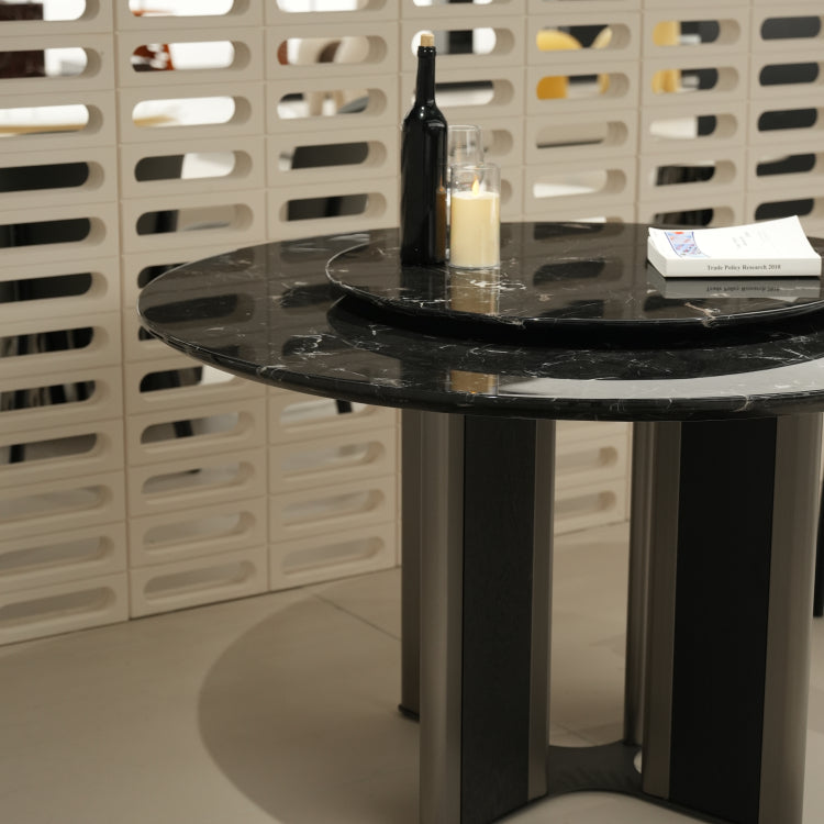 デザイナーズ 大理石ダイニングテーブル ブラック×シルバー 高級ラグジュアリースタイル 回転盤付 jrjj-A38