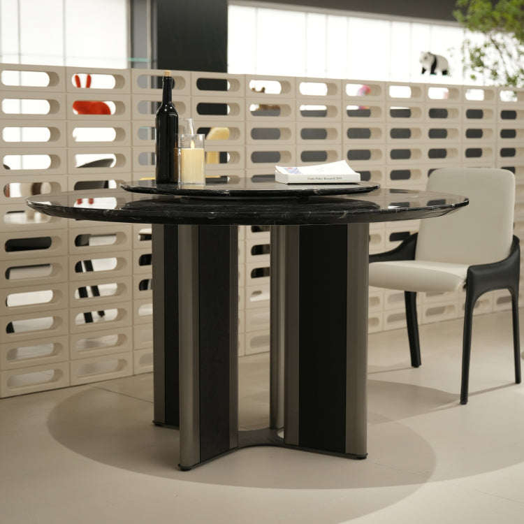 デザイナーズ 大理石ダイニングテーブル ブラック×シルバー 高級ラグジュアリースタイル 回転盤付 jrjj-A38