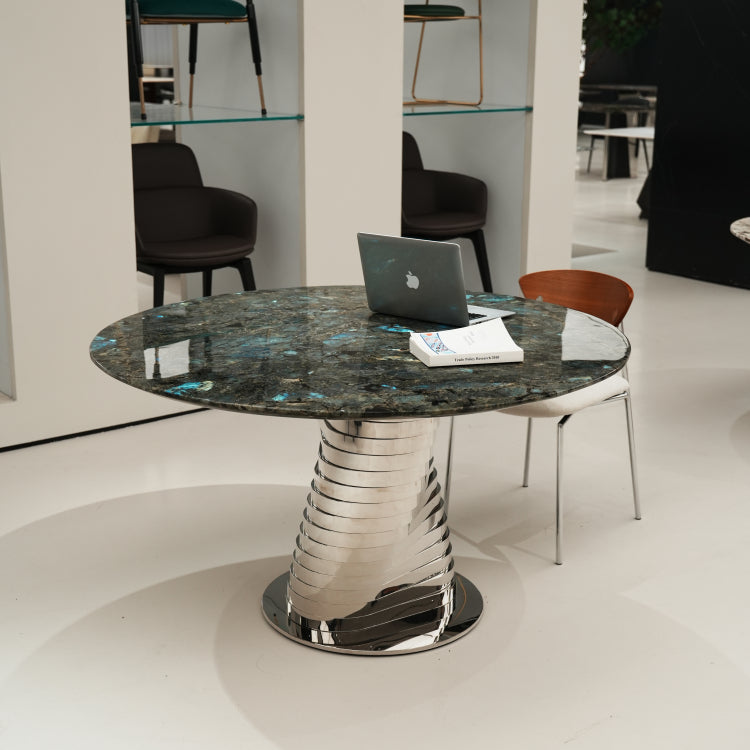 デザイナーズ 大理石ダイニングテーブル ブルーラブラドライト調 螺旋ステンレス脚 ラグジュアリーモダン jrjj-6614
