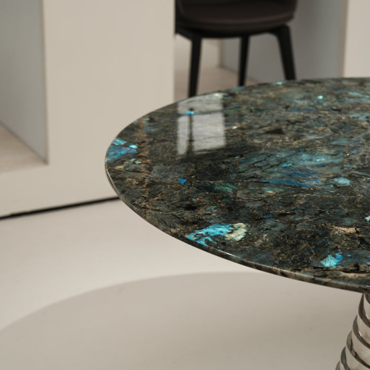 デザイナーズ 大理石ダイニングテーブル ブルーラブラドライト調 螺旋ステンレス脚 ラグジュアリーモダン jrjj-6614