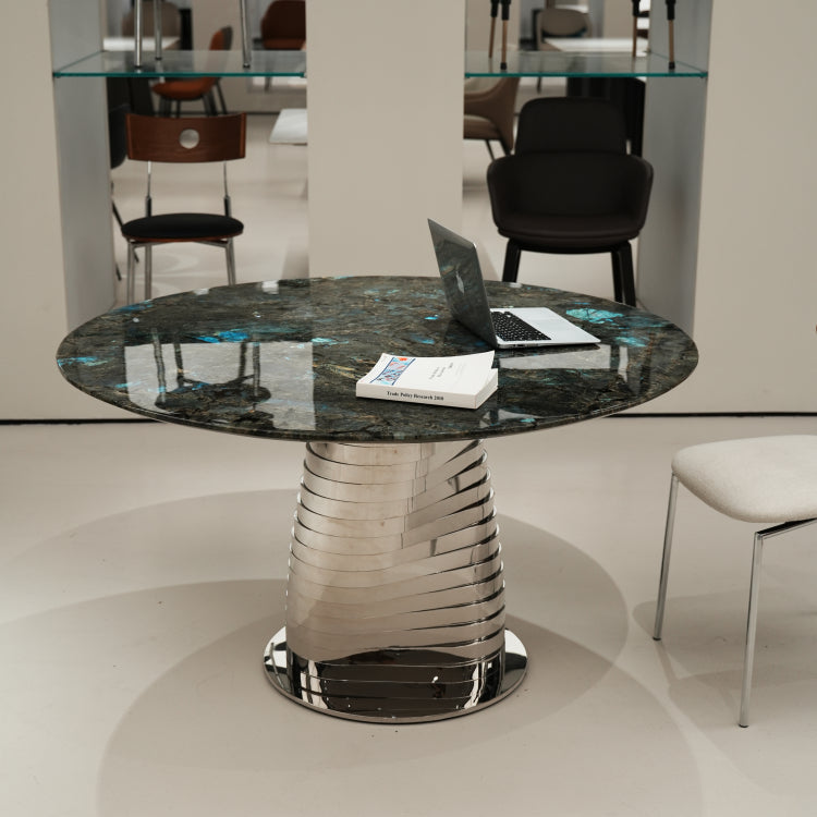 デザイナーズ 大理石ダイニングテーブル ブルーラブラドライト調 螺旋ステンレス脚 ラグジュアリーモダン jrjj-6614