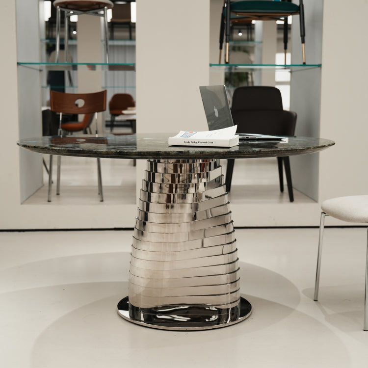 デザイナーズ 大理石ダイニングテーブル ブルーラブラドライト調 螺旋ステンレス脚 ラグジュアリーモダン jrjj-6614