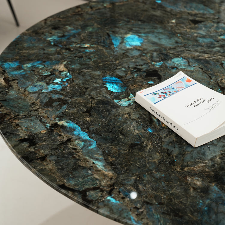 デザイナーズ 大理石ダイニングテーブル ブルーラブラドライト調 螺旋ステンレス脚 ラグジュアリーモダン jrjj-6614