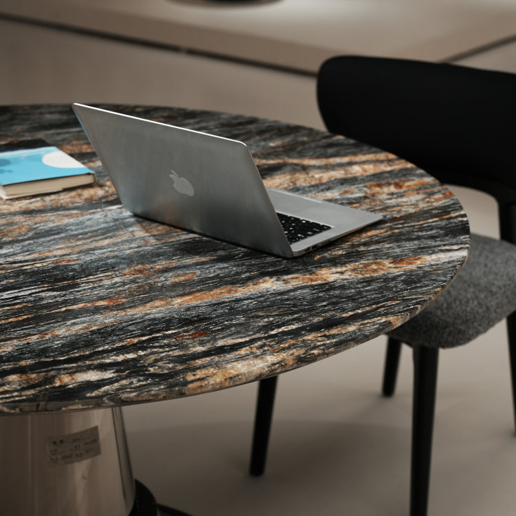 デザイナーズ 大理石ダイニングテーブル ブルー×ゴールドマーブル ラグジュアリー スチールベース 円形テーブル jrjj-6612