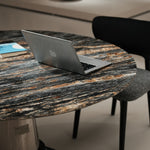 デザイナーズ 大理石ダイニングテーブル ブルー×ゴールドマーブル ラグジュアリー スチールベース 円形テーブル jrjj-6612