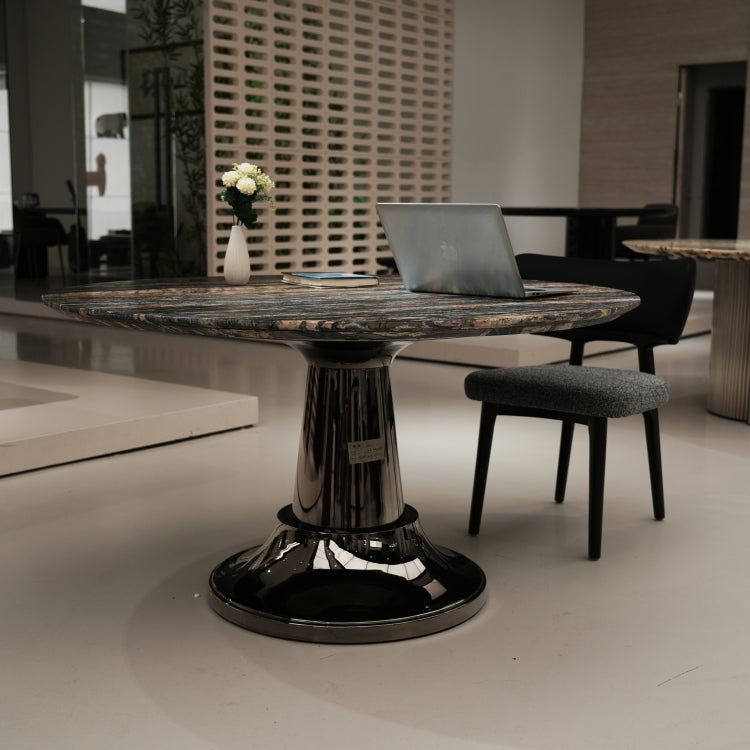 デザイナーズ 大理石ダイニングテーブル ブルー×ゴールドマーブル ラグジュアリー スチールベース 円形テーブル jrjj-6612