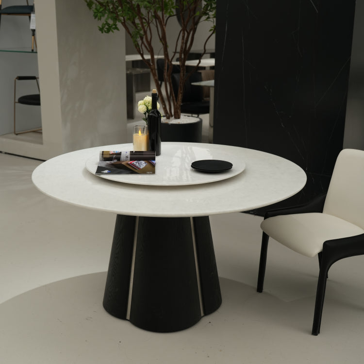 デザイナーズ 大理石ダイニングテーブル ホワイト×ブラック 高級ラグジュアリー 円形テーブル 回転盤付き jrjj-A30