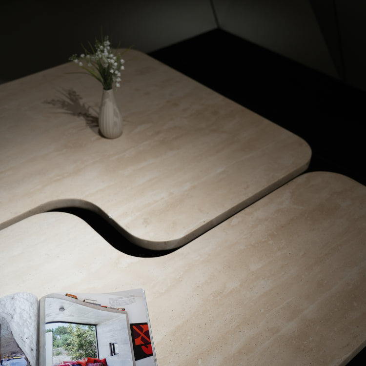 デザイナーズ トラバーチン ローテーブル ナチュラルベージュ センターテーブル 天然石モダン 組み合わせリビングテーブル120cm×90cm jrjj-8573