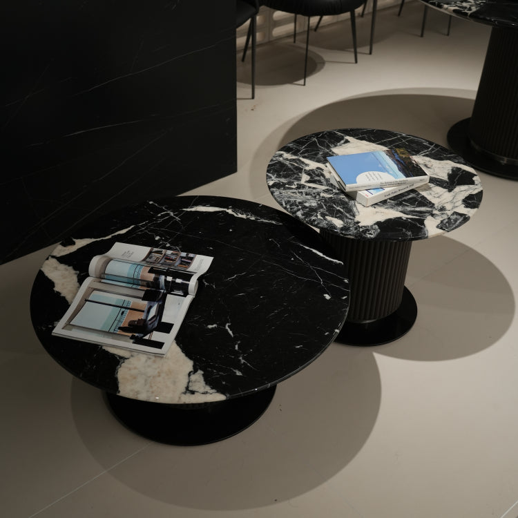 デザイナーズ 大理石ローテーブル 天然石ブラック&ホワイトモダン 丸テーブルセット ラグジュアリーインテリア80cm 60cm jrjj-8689