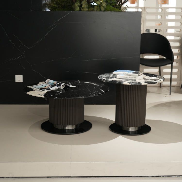 デザイナーズ 大理石ローテーブル 天然石ブラック&ホワイトモダン 丸テーブルセット ラグジュアリーインテリア80cm 60cm jrjj-8689