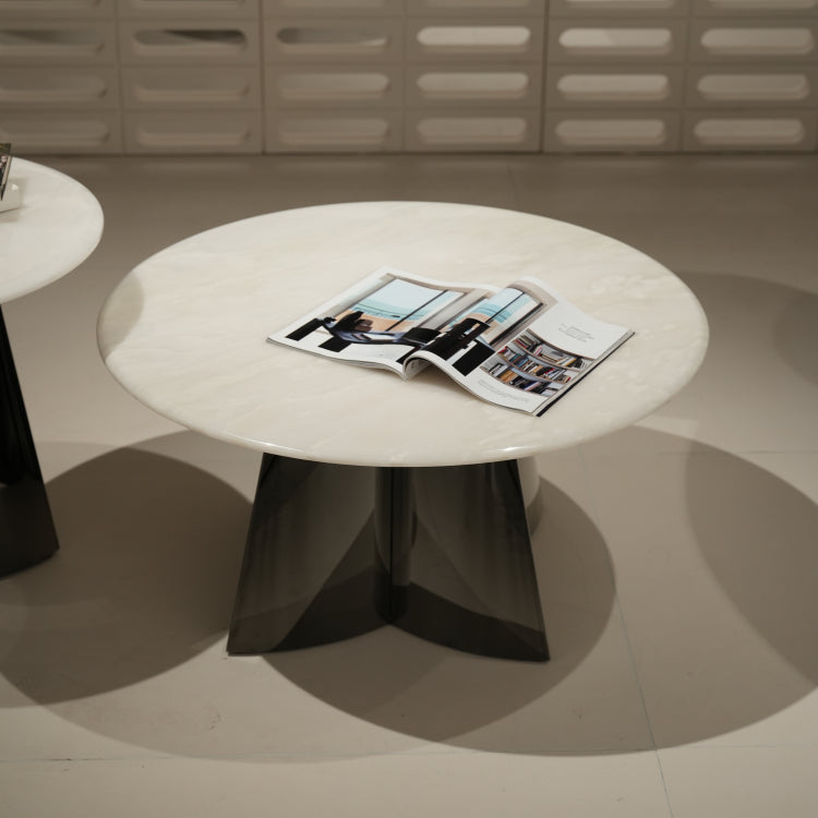 デザイナーズ 大理石ローテーブル センターテーブル ホワイトストーン天板 鏡面ステンレス脚 高級モダンインテリア42cm 30cm jrjj-8221