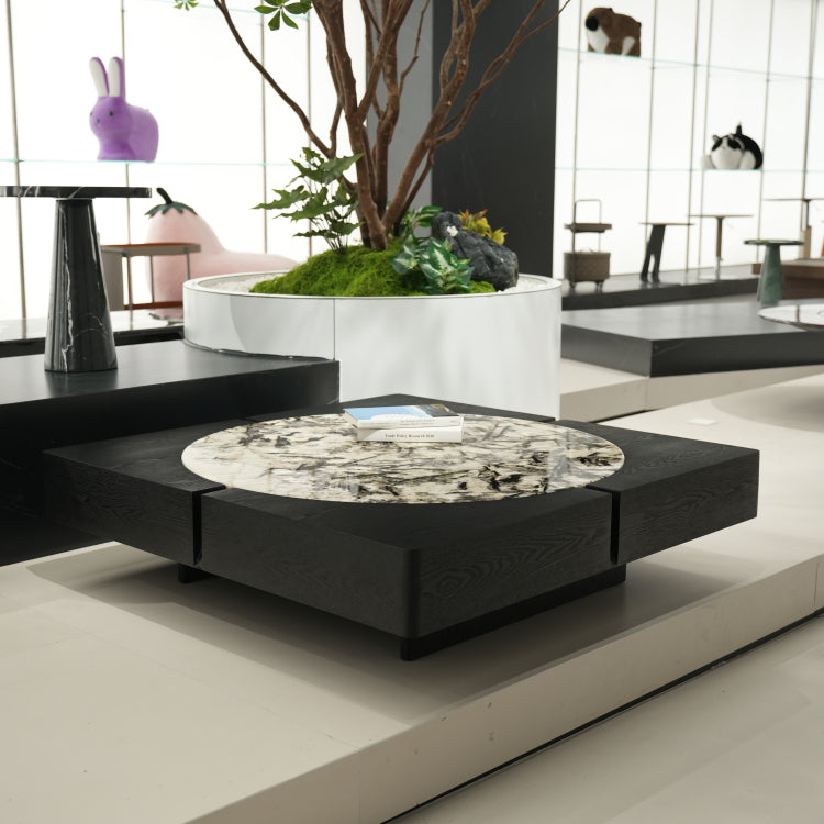 デザイナーズ 大理石ローテーブル ブラックウッド×ホワイトストーン 高級モダンセンターテーブル110cm jrjj-8576