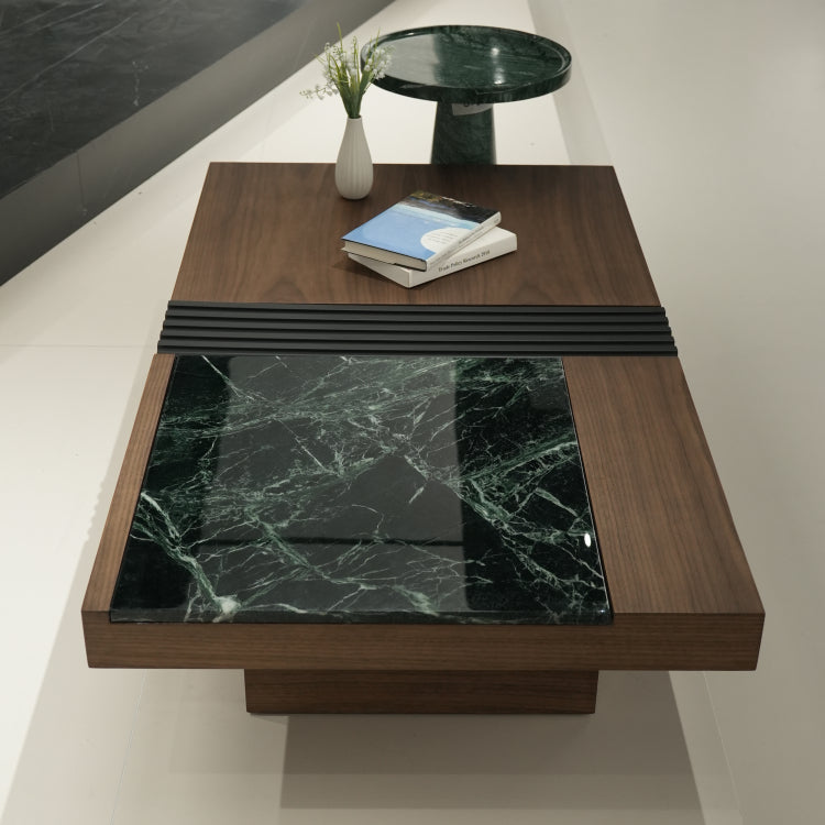 デザイナーズ 大理石ローテーブル ウォールナット×グリーンストーン 高級モダンセンターテーブル135cm×75cm jrjj-8535