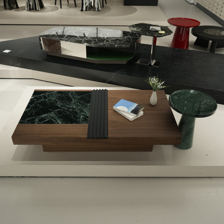 デザイナーズ 大理石ローテーブル ウォールナット×グリーンストーン 高級モダンセンターテーブル135cm×75cm jrjj-8535