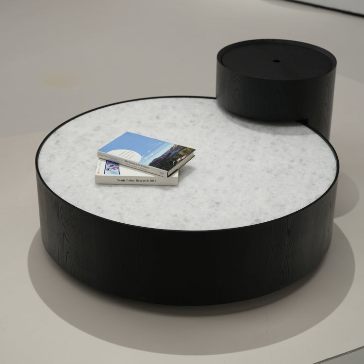 デザイナーズ 大理石ローテーブル モダンラグジュアリー ホワイトストーン×ブラックベース 円形センターテーブル90cm 40cm jrjj-8508