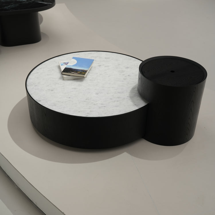 デザイナーズ 大理石ローテーブル モダンラグジュアリー ホワイトストーン×ブラックベース 円形センターテーブル90cm 40cm jrjj-8508