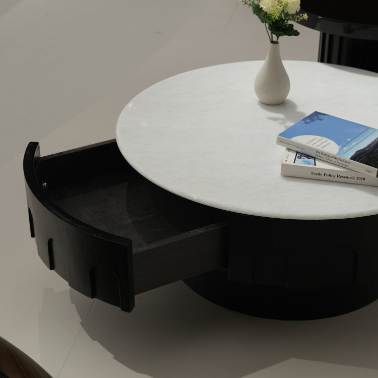 デザイナーズ 大理石ローテーブル モダンラグジュアリー ホワイトストーン×ブラックウッド 円形センターテーブル80cm 55cm jrjj-8683