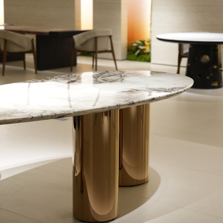 ラグジュアリー 天然大理石ダイニングテーブル アイスグレーブルー調天板 高級オーバルデザイン ゴールド脚 モダンインテリア220cm 240cm jrjj-696-kiseki