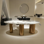 ラグジュアリー 天然大理石ダイニングテーブル アイスグレーブルー調天板 高級オーバルデザイン ゴールド脚 モダンインテリア220cm 240cm jrjj-696-kiseki