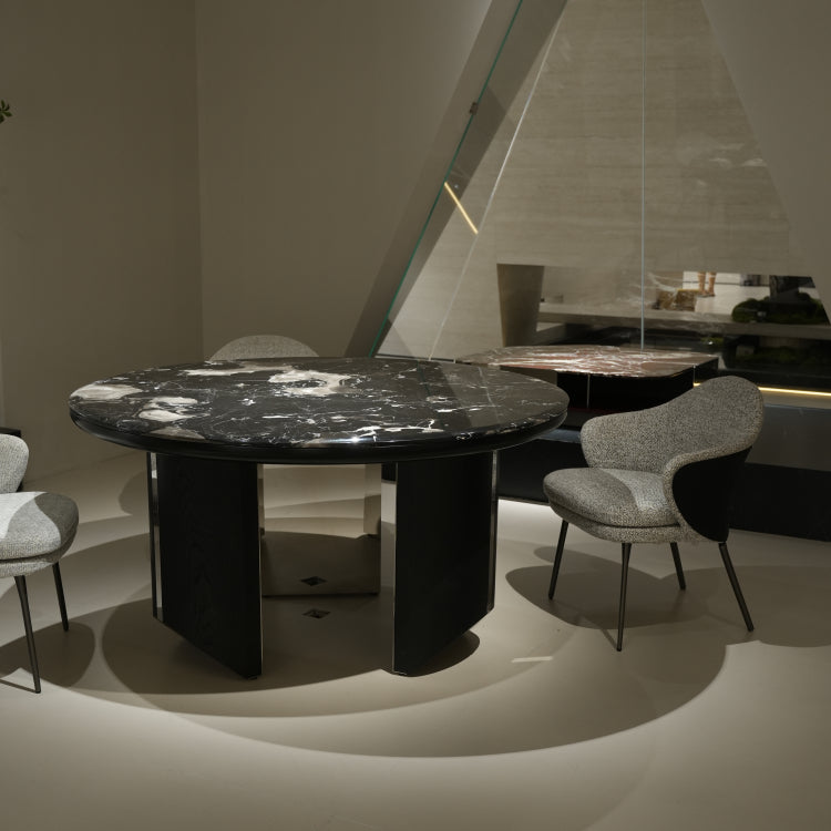 ラグジュアリー 天然大理石ダイニングテーブル ブルーブラック調天板 円形ブラックマーブル 高級モダンインテリア180cmjrjj-6809