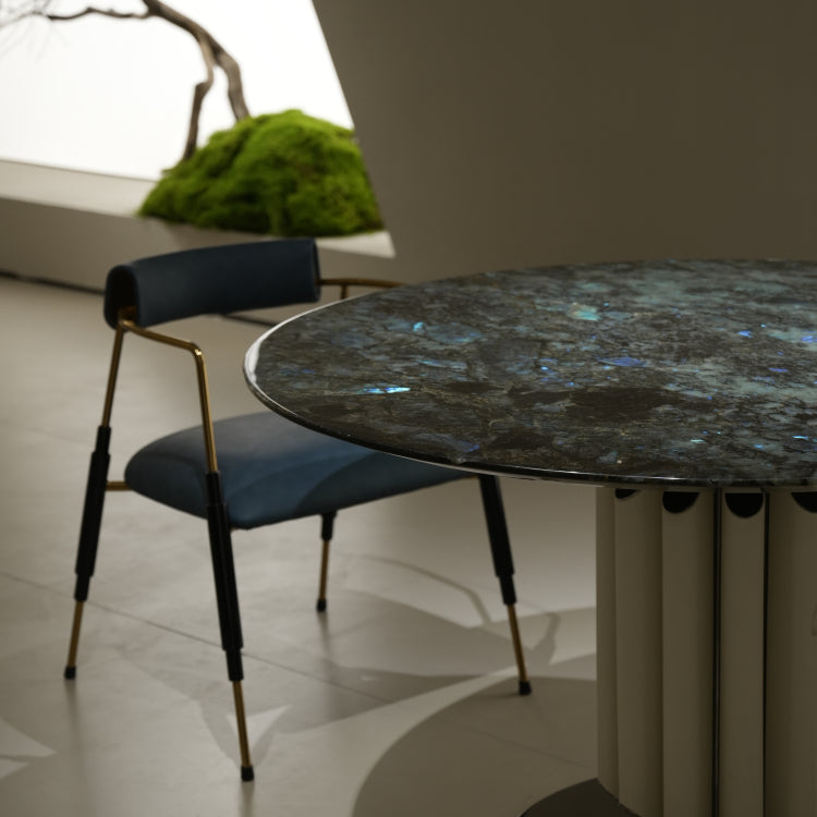 ラグジュアリー 天然大理石ダイニングテーブル ブルーグリーン調天板 円形モダンデザイン 高級インテリアダイニング130cm jrjj-6627