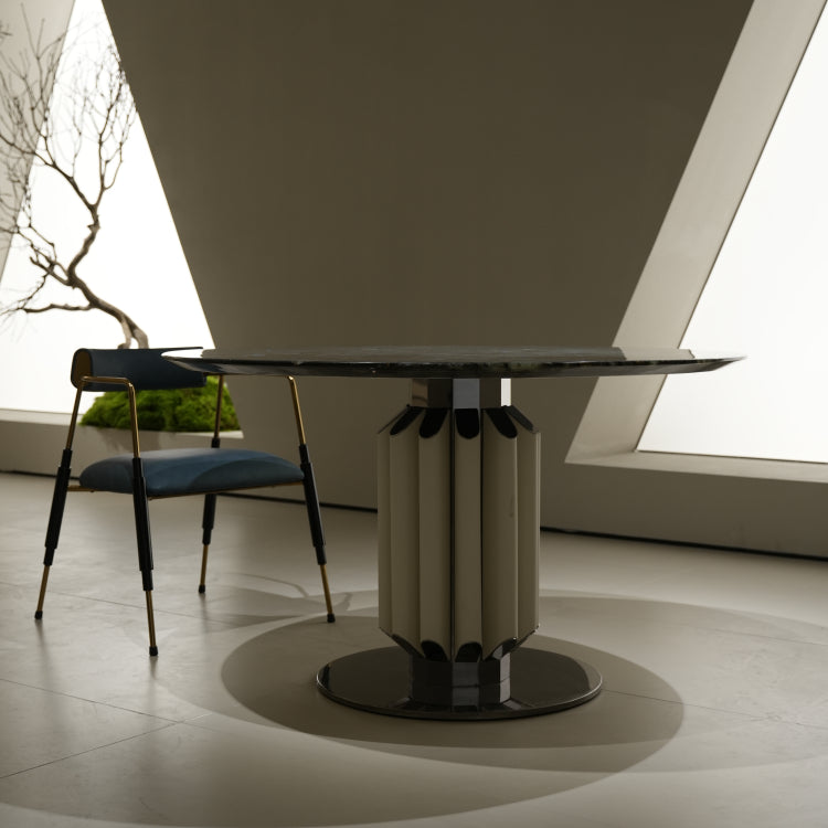 ラグジュアリー 天然大理石ダイニングテーブル ブルーグリーン調天板 円形モダンデザイン 高級インテリアダイニング130cm jrjj-6627