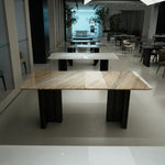 ラグジュアリー 天然大理石テーブル ブルーゴールド調 高級デザイナーズ モダンインテリア ダイニングテーブル180cm×90cm jrjj-6697